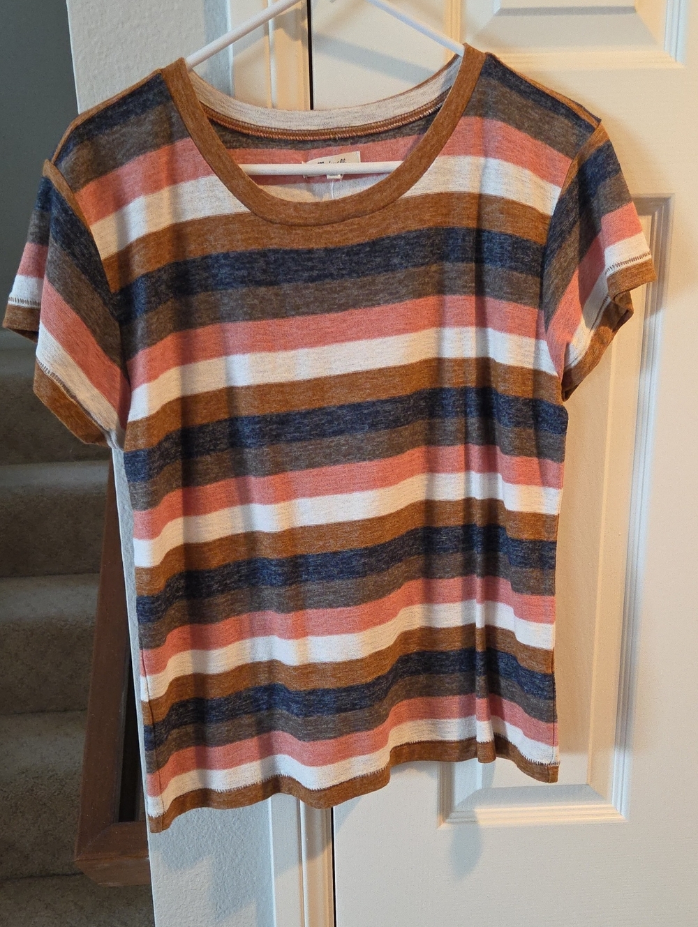 Madewell Striped Short Sleeve Knit Tee in Coral, Navy, White & Brown Large L